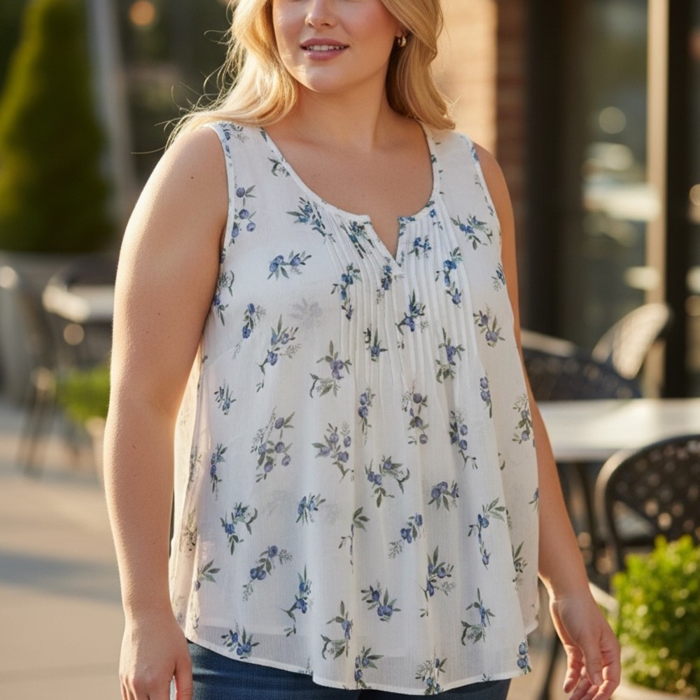 Torrid Blue and White Floral Sleeveless Blouse | Size 2X (18/20) Sheer Tank
